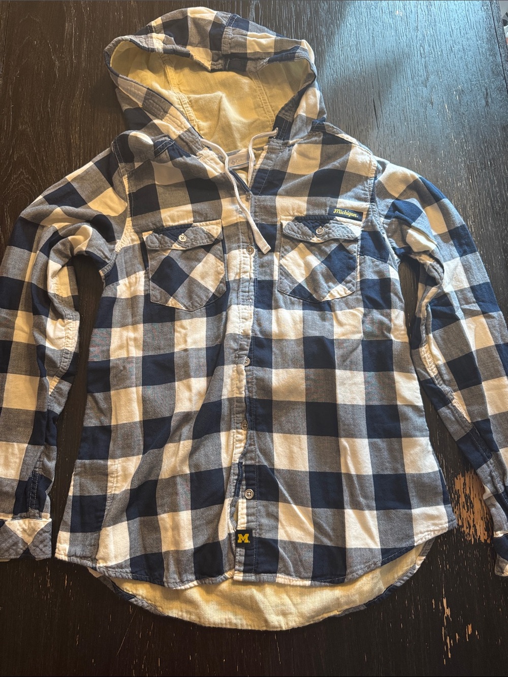 University of Michigan Plaid Hooded Button-Down Shirt - Navy & White